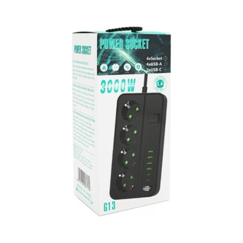 Мережевий фільтр живлення Voltronic G13, 3000W, 4 роз, 4USB 3,2А, 2 Type-C, 2м Black (YT-G13)