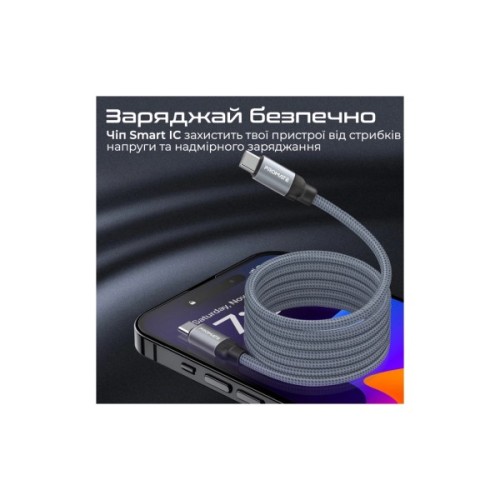 Дата кабель USB-C to USB-C 1.2m Promate (springy.grey)