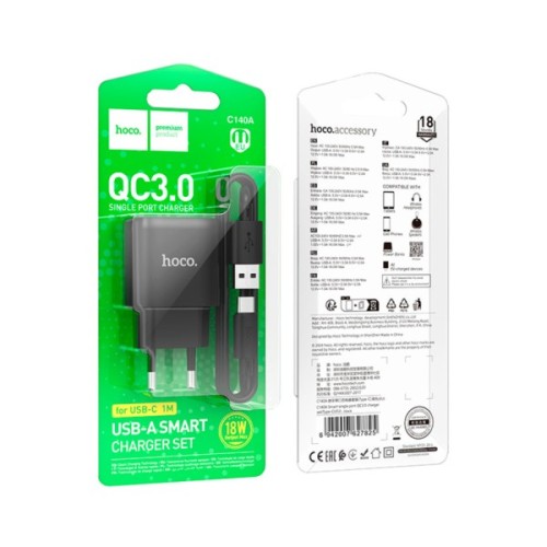 Зарядний пристрій HOCO C140A Smart USB QC3.0 + cable USB to USB-C Black (6942007627825)