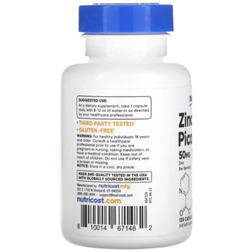 Вітамінно-мінеральний комплекс Nutricost Цинк піколінат, 50 мг, Zinc Picolinate, 120 капсул (NCS67148)