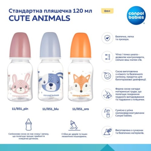 Пляшечка для годування Canpol babies Cute Animals стандартна 120 мл рожева рожев (11/851_pin)