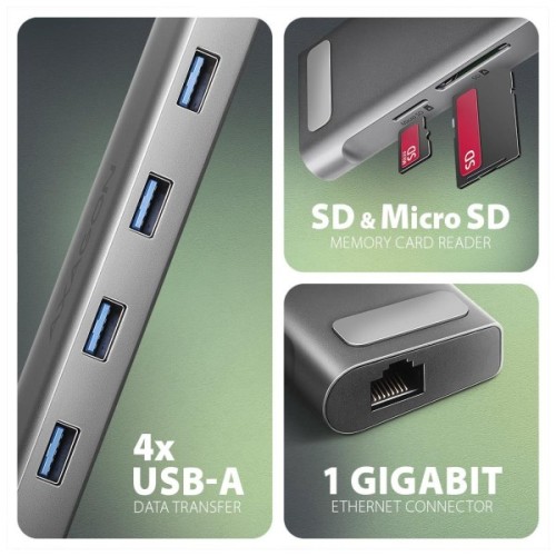 Концентратор AXAGON USB-C 9-in-1 4xUSB 3.2 + 2xUSB-C + HDMI + SD/TF + RJ45 1000Mbps + PD 100W black/gray (HMC-10HLS)
