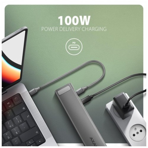 Концентратор AXAGON USB-C 9-in-1 4xUSB 3.2 + 2xUSB-C + HDMI + SD/TF + RJ45 1000Mbps + PD 100W black/gray (HMC-10HLS)