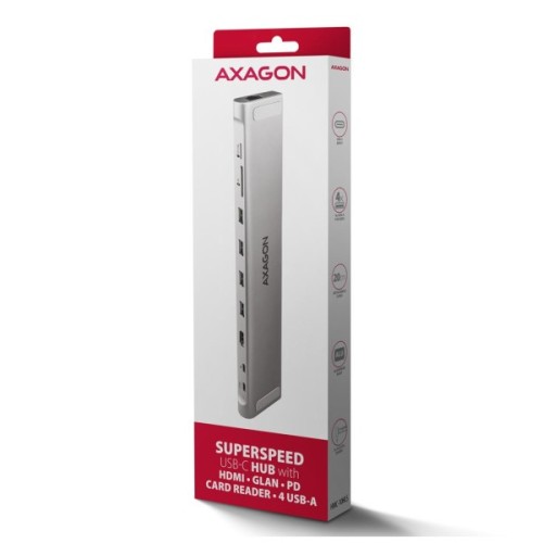 Концентратор AXAGON USB-C 9-in-1 4xUSB 3.2 + 2xUSB-C + HDMI + SD/TF + RJ45 1000Mbps + PD 100W black/gray (HMC-10HLS)