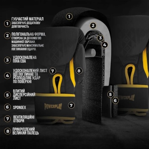 Боксерські рукавички PowerPlay 3021 Ukraine Чорно жовті 8 унцій (PP_3021_8oz_Black/Yellow)