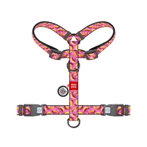 Шлея для собак WAUDOG H-подібна анатомічна Nylon з QR адресником "Банани на рожевому" пластиковий фастекс S (343-4055)