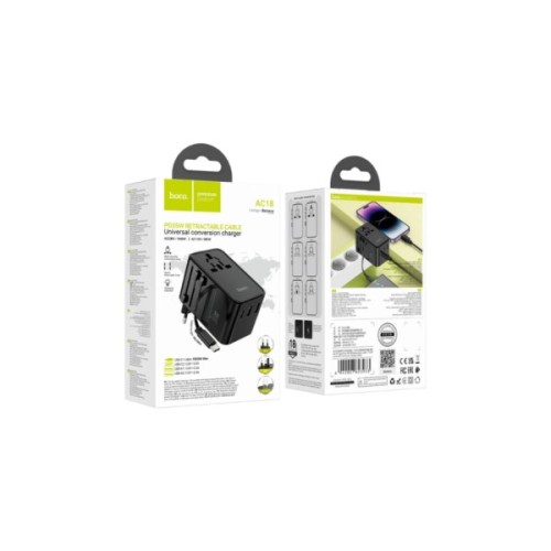 Мережевий фільтр живлення HOCO AC18A 1 роз, 2 USB, USB-C, 35W, 1,5м, Black (AC18AB)