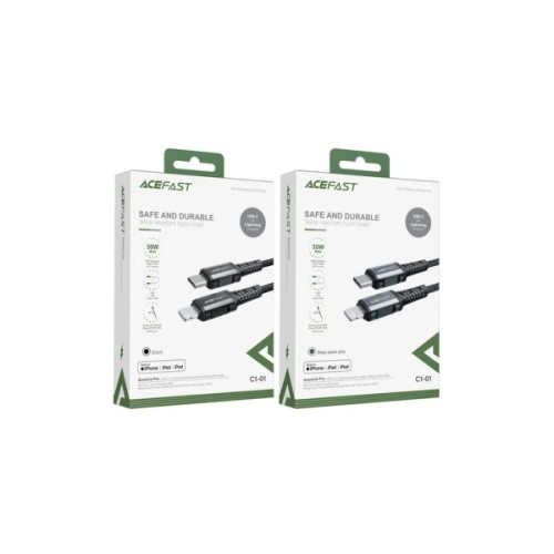 Дата кабель USB-C to Lightning 1.2m 3A nylon black Acefast (6974316280484)