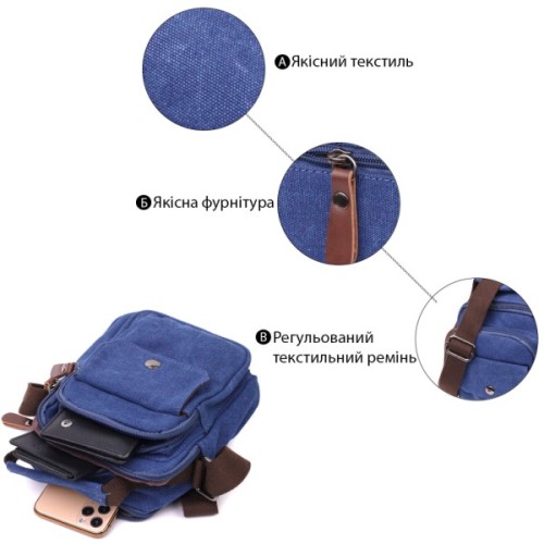Сумка Vintage Невелика чоловіча з текстилю Синя (22221)