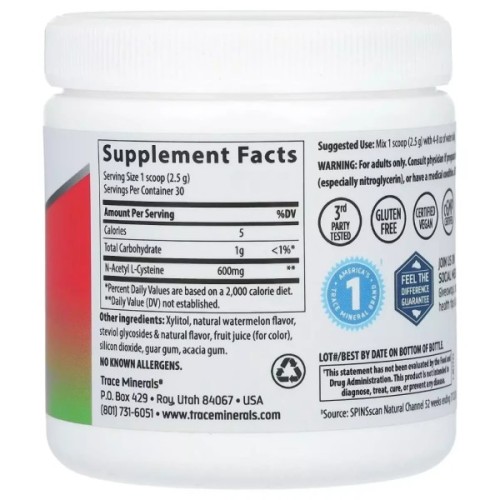 Амінокислота Trace Minerals NAC N-ацетил L-цистеїн, 600 мг, смак кавуна, NAC Powder, 75 гр (TMR-00670)