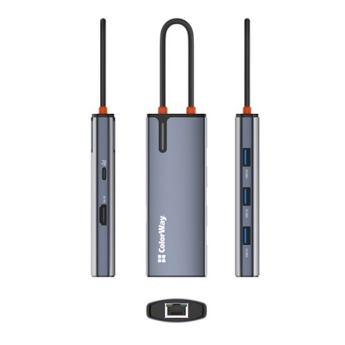 Порт-реплікатор ColorWay Docking Station USB-C 6-в-1 Type C PD 100W/USB3.0х3/HDMI 4К/RJ45 (CW-HUB02)