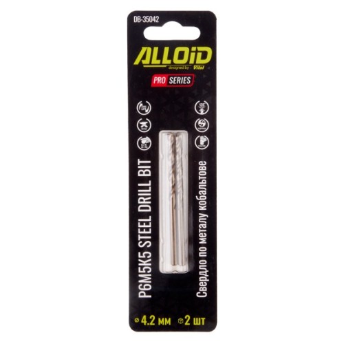Свердло Alloid Pro, по металу, кобальтове, 4.2мм, Р6М5К5, 2шт. (DB-35042)