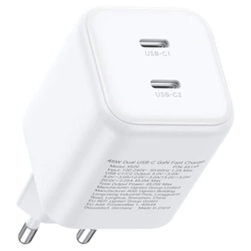 Зарядний пристрій Ugreen X526 2xUSB-C PD45W GaN white (65154)