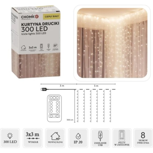 Гірлянда Chomik Штора 3 х 3 м 300 LED Теплий білий USB з пультом (5900779879997)