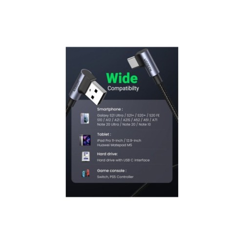 Дата кабель USB 2.0 AM to USB-C 1.0m 3A 90° corner US176 black Ugreen (20856)