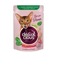 Вологий корм для кішок Delickcious Шматочки з качкою, курячим філе і шпинатом в соусі 85 г (4820269143142)