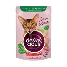 Вологий корм для кішок Delickcious Шматочки з качкою, курячим філе і шпинатом в соусі 85 г (4820269143142)