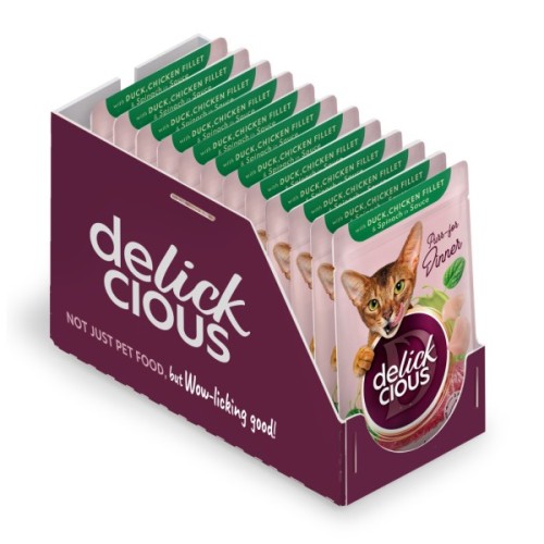 Вологий корм для кішок Delickcious Шматочки з качкою, курячим філе і шпинатом в соусі 85 г (4820269143142)