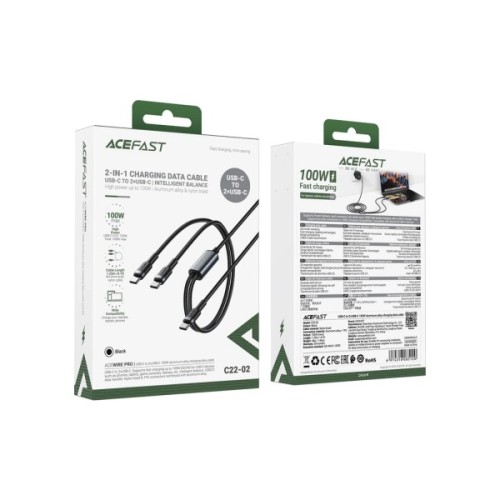 Дата кабель USB-C to 2xUSB-C 1.2m 100W nylon black Acefast (6974316285120)