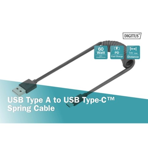 Дата кабель USB 2.0 AM to USB-C 1.0m (0.32m) spiral black Digitus (AK-300430-006-S)