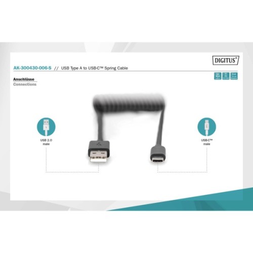 Дата кабель USB 2.0 AM to USB-C 1.0m (0.32m) spiral black Digitus (AK-300430-006-S)