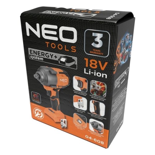 Гайковерт Neo Tools Energy+ 18V, безщітковий, 2400об/хв, 850Нм, 1/2", 3 швидкості, 1.8кг (без АКБ та ЗП) (04-608)