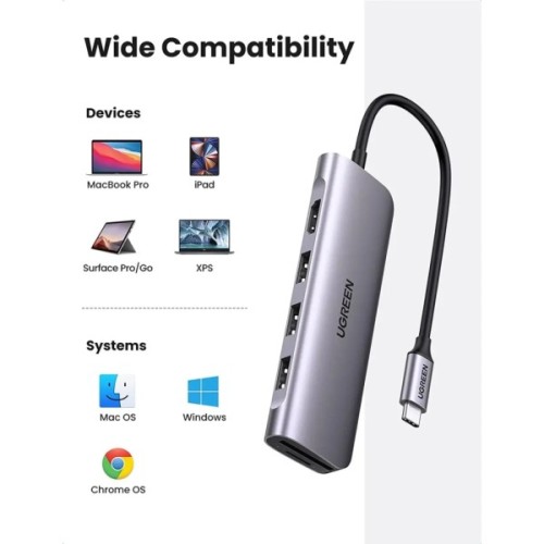 Концентратор Ugreen USB-C to 3xUSB 3.0 + HDMI + SD/TF CM195 gray (70410)