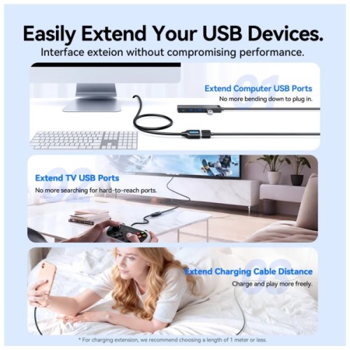 Дата кабель USB 3.2 AM/AF 2.0m 10Gbps PVC black Vention (CBOBH)