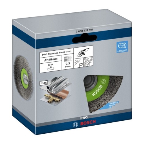 Щітка для електроінструменту Bosch нержавіюча 115мм, 0.3мм, M14 (2.608.622.107)