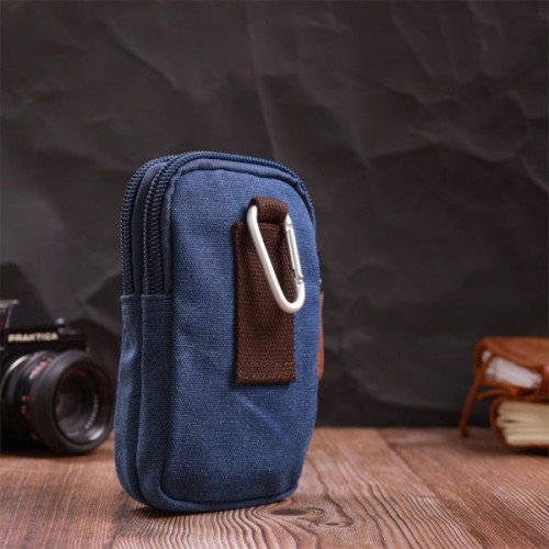 Сумка Vintage На пояс з металевим карабіном з текстилю Синя (22226)