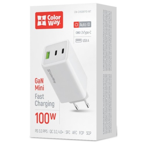 Зарядний пристрій ColorWay C101B GaN Mini 100W PD PPS 2xUSB-C + USB-A white (CW-CHS061PD-WT)