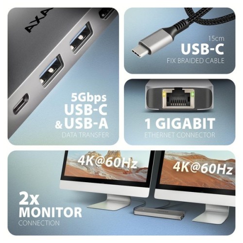 Концентратор AXAGON USBC to 2xUSBA + 1xUSBC + 2xHDMI + RJ45 + PD100W 0.15m gray (HMC-7HX2)