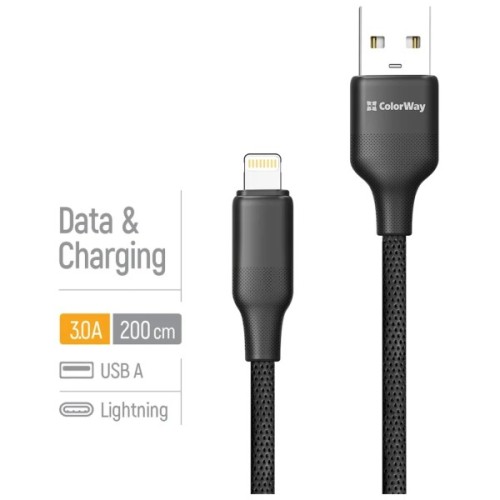 Дата кабель USB 2.0 AM to Lightning 2.0m 3A TPE embossed black ColorWay (CW-CBUL102-BK)