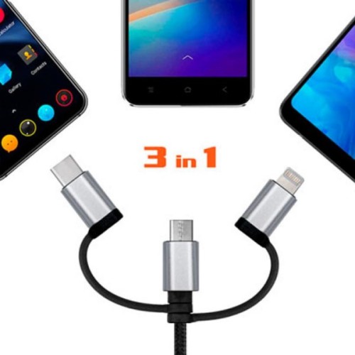 Дата кабель USB 2.0 AM to Lightning + Micro 5P + USB-C 1.0m black REAL-EL (EL123500035)