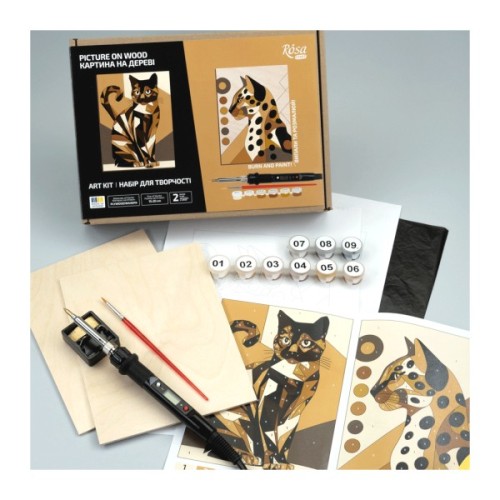 Набір для творчості Rosa Start Cats 2 випалювання картини на дереві, з фарбами, в коробці (4823098544692)