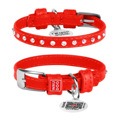 Нашийник для тварин WAUDOG Glamour з QR-паспортом з стразами XS Ш 12 мм Д 21-29 см червоний (32683)