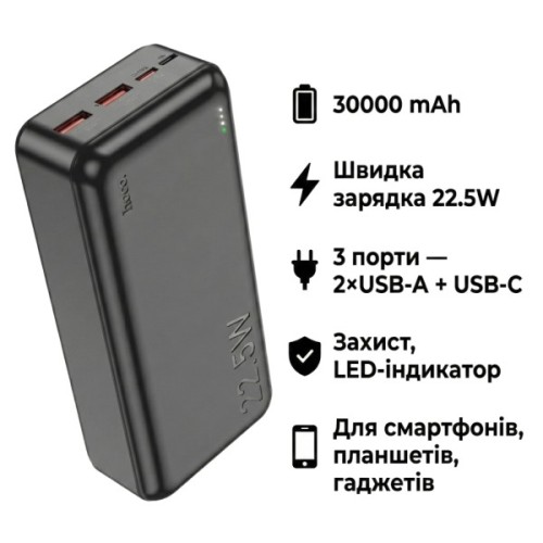 Батарея універсальна HOCO 30000mAh Astute 22.5W PD QC Black (J101B / 714732)