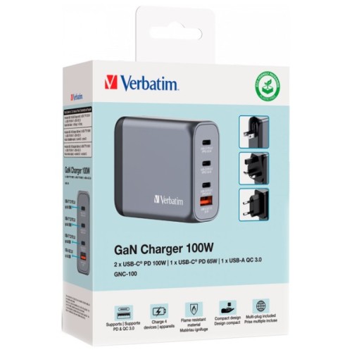 Зарядний пристрій Verbatim GaN 100 W 4 ports (2xUSB-C-100 W,USB-C 65 W /USB-A -3.0) (32202)