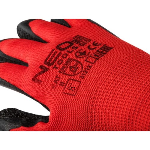 Захисні рукавиці Neo Tools комплект 12шт, поліестер з латексним покриттям, р.8, червоно-чорний (97-645-8)