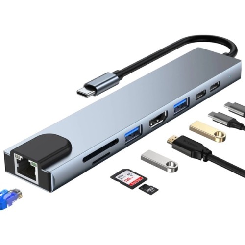 Концентратор Dynamode USB-C 8-in-1 HDMI 4K30Hz + 1xRJ45 + 1xUSB 3.0 + 1xUSB 2.0 + 1xUSB-C PD (BYL-2017L)