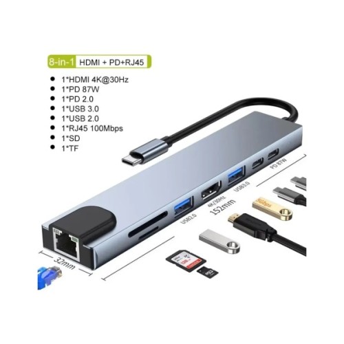 Концентратор Dynamode USB-C 8-in-1 HDMI 4K30Hz + 1xRJ45 + 1xUSB 3.0 + 1xUSB 2.0 + 1xUSB-C PD (BYL-2017L)