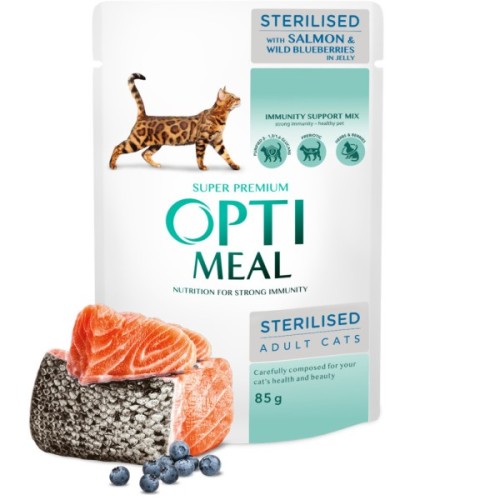 Вологий корм для кішок Optimeal для стерилізованих/кастрованих з лососем та чорницею в желе 85 г (4820269140141)