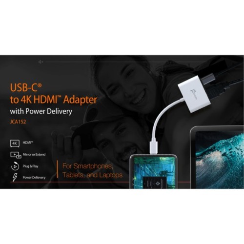 Перехідник USB-C M to HDMI F + USB-C F PD100W white J5create (JCA152-N)