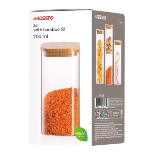 Ємність для сипучих продуктів Ardesto Midori 700мл, скло, бамбук, квадратна, прозорий (AR1370BBS)