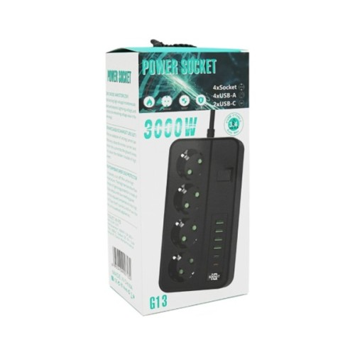 Мережевий фільтр живлення Voltronic G13H, 3000W, 4 роз, 4USB 3,2А, 2 Type-C, 2м Black (YT-G13H)