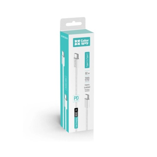 Дата кабель USB-C to USB-C 2.0m (braided cotton) (PD Fast Charging 60W) 3.0А grey ColorWay (CW-CBPDCC068-GR)