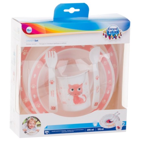Набір дитячого посуду Canpol babies Cute Animals Котик Рожевий 5 предметів (4/401_pin)