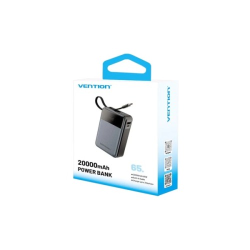 Батарея універсальна Vention 20000mAh 65W 3A PD, QC/3.0, USB-A, Type-C OUT, with Built-in USB-C Cable, LED Display (FHYB0)