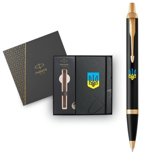 Ручка кулькова Parker IM 17 UKRAINE Black GT BP Тризуб син-жовт. + блокнот Parker + подар.упаковка GIFT24 (22032b24_T0016u)