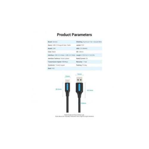 Дата кабель USB 2.0 AM to USB-C 1.5m 3A black Vention (COKBG)